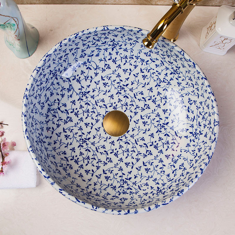 Blue and White Lotus Branch Ceramic Art Bathroom Sink, Porcelain Round Above Counter Lavabo Wash Basin, Artistic Vessel