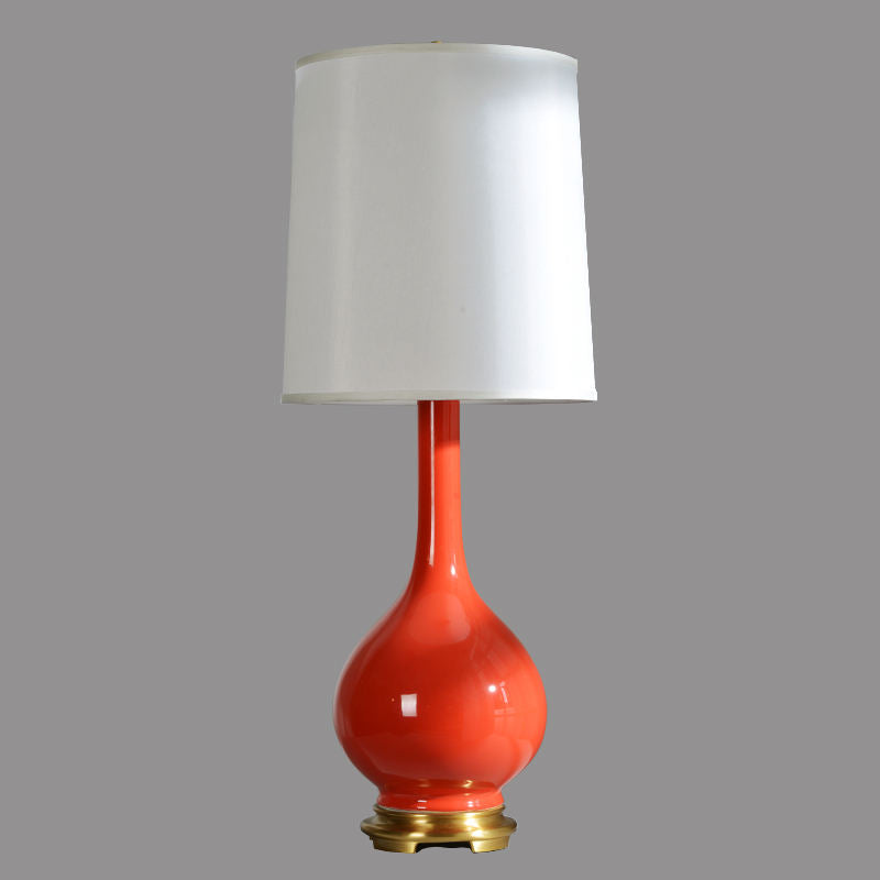 Modern Red Ceramic Table Lamp, Tall Retro Porcelain Desk Light with White Fabric Shade, LED Compatible for Living Room, Bedroom, End Table