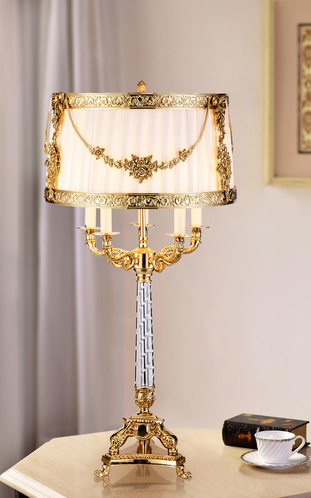 Empire Style Brass Candelabra Table Lamp, Traditional Vintage Desk Lighting with 5-LED Lights, Ornate Gold Detailing