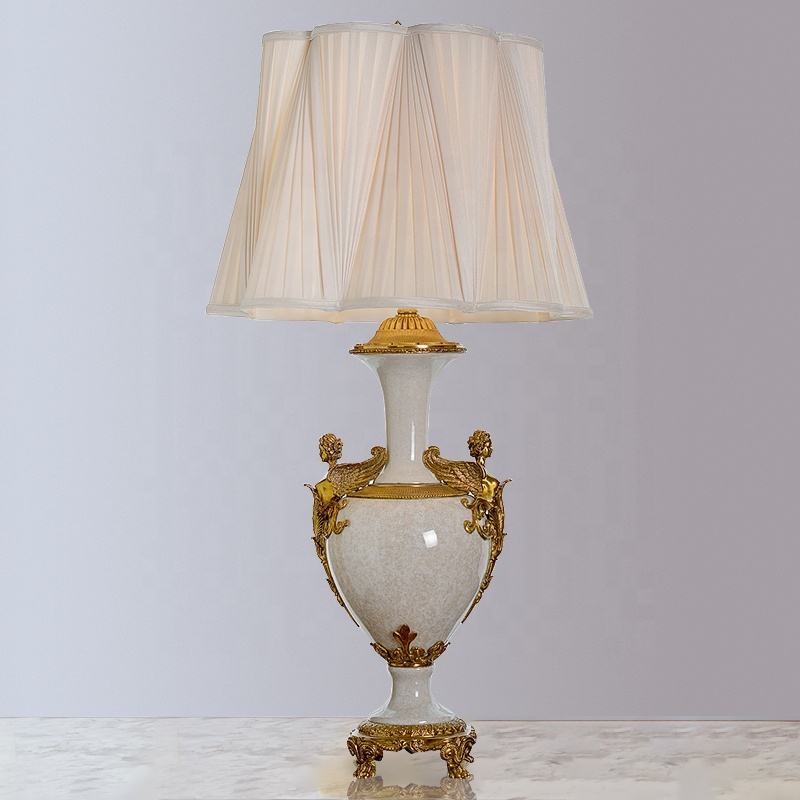 Antique Luxury Porcelain Table Lamp, Statuary Bronze Angel and White Flower Marquetry, Elegant Bedside Light for Bedroom & Living Room
