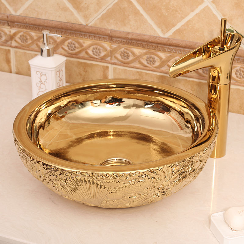 Handmade Gold Ceramic Bathroom Basin, Countertop Round Porcelain Wash Sink with Embossed Shell Pattern