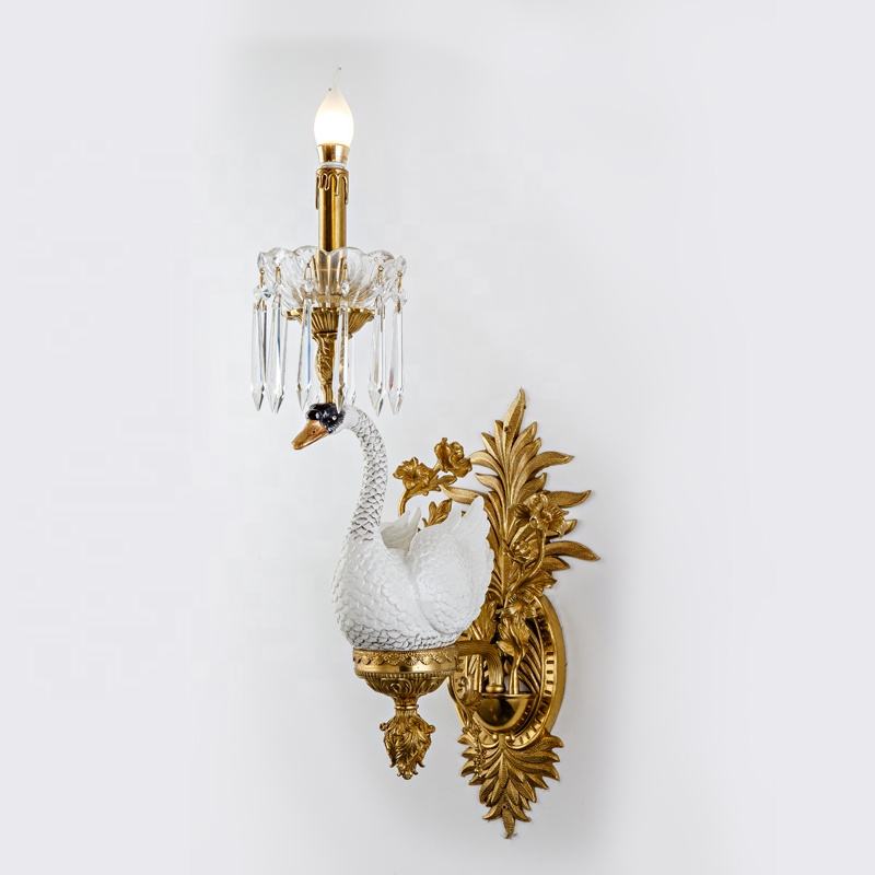 Luxury Swan Wall Sconce Light, Decorative Brass and Porcelain Bird Lamp with Crystals for Elegant Living Room, Bedroom, or Hallway Accent
