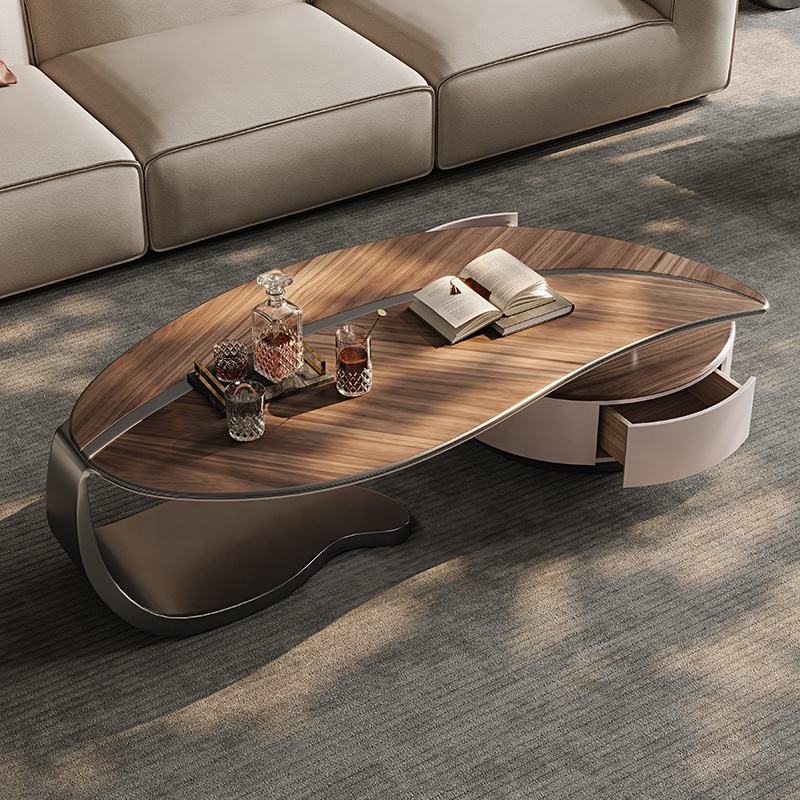 Minimalist Modern Leaf-Shaped Tea Table, Creative Walnut Color Designer Coffee Table for Small Apartment Living Room