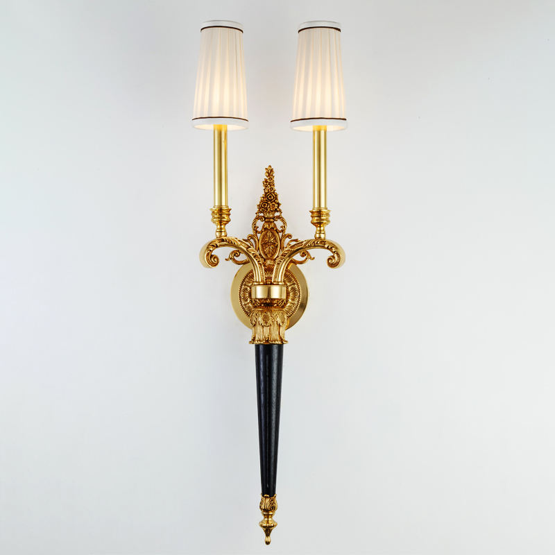Antique Dual Arm Wall Sconce, Luxury Copper Brass and Wooden Wall Light with Fabric Shades for Bedroom and Villa Decor