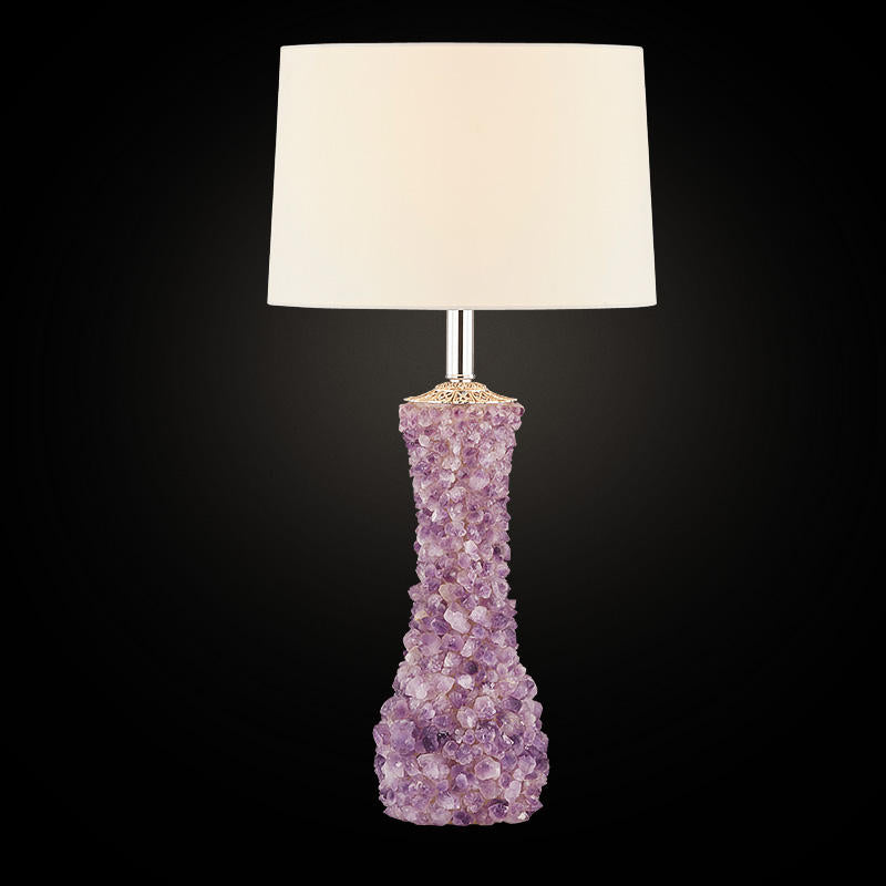 Modern Crystal Stone Table Lamp with Cloth Shade, LED Copper Bedside Light in Purple & White, Decorative Ceramic Byron Style