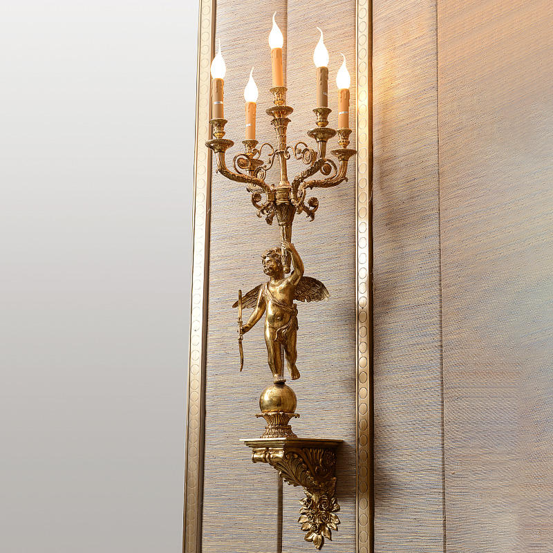 Louis Style Angel Wall Sconce, Luxury Gilt Bronze Antique Brass 6-Light LED Wall Lamp for Palace, Hotel, or Classic Hall