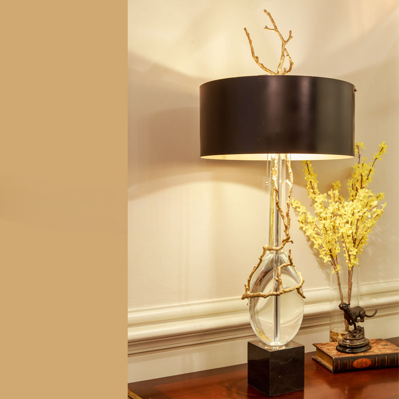 Modern Marble Table Lamp with Brass and Clear Crystal, Luxury Decorative LED Bedside Light, Black Shade, Designer Nightstand Lighting