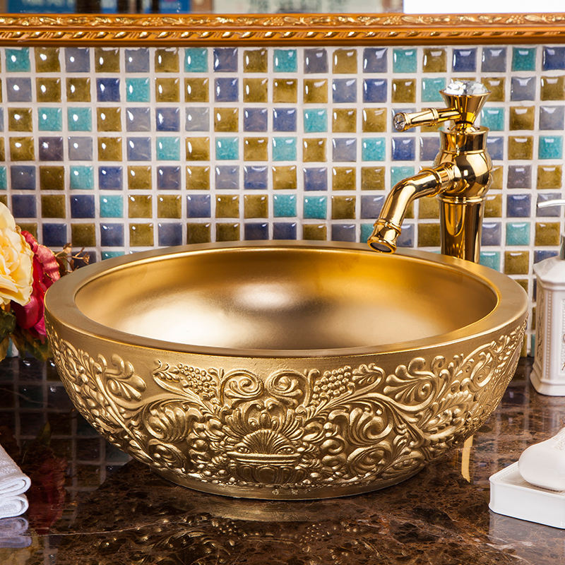 Golden Vintage Carved Art Ceramic Wash Basin, Luxury Embossed Countertop Round Bathroom Sink Bowl – Gold