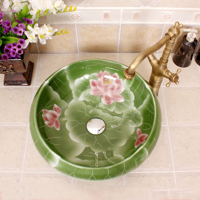 Hand-Painted Lotus Art Ceramic Wash Basin, Green Porcelain Bathroom Sink Countertop Bowl, Lotus Flower Design