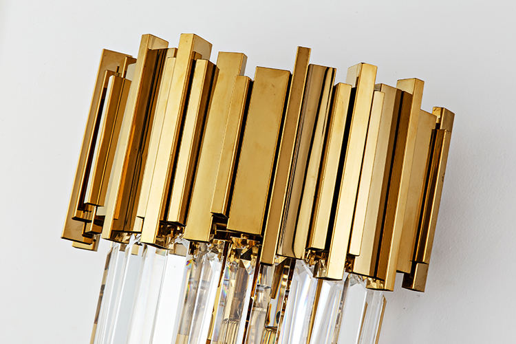 Modern Empire LED Wall Sconce, Stainless Gold Finish Steel and Crystal 3-Head Wall Light Fixture for Hotel and Luxury Interiors