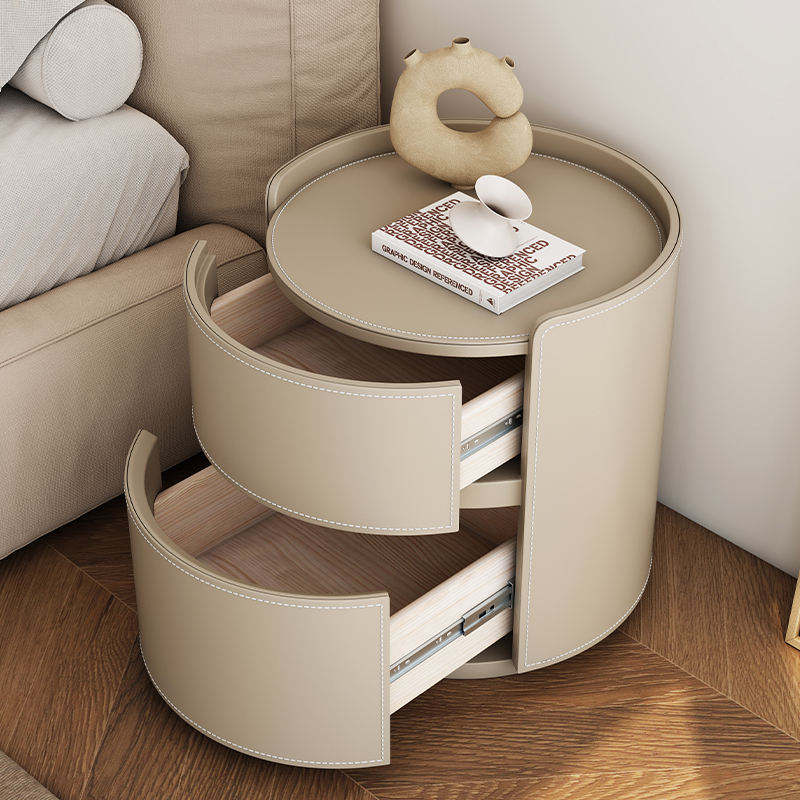High-Quality Round Leather Bedside Table, Modern Slate Top Side Table with 2 Drawers for Bedroom, Hotel, or Luxury Living