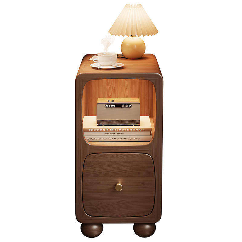 Solid Wood Mini Smart Charging Bedside Table, Creative Modern Nightstand with Storage and Rounded Corners for Bedroom