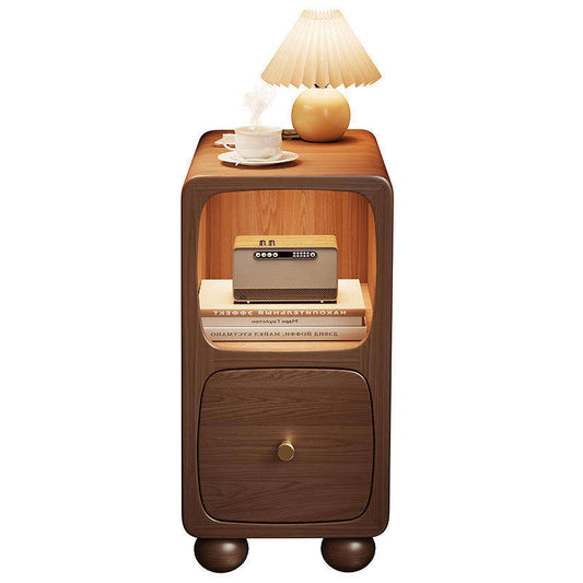 Solid Wood Mini Smart Charging Bedside Table, Creative Modern Nightstand with Storage and Rounded Corners for Bedroom