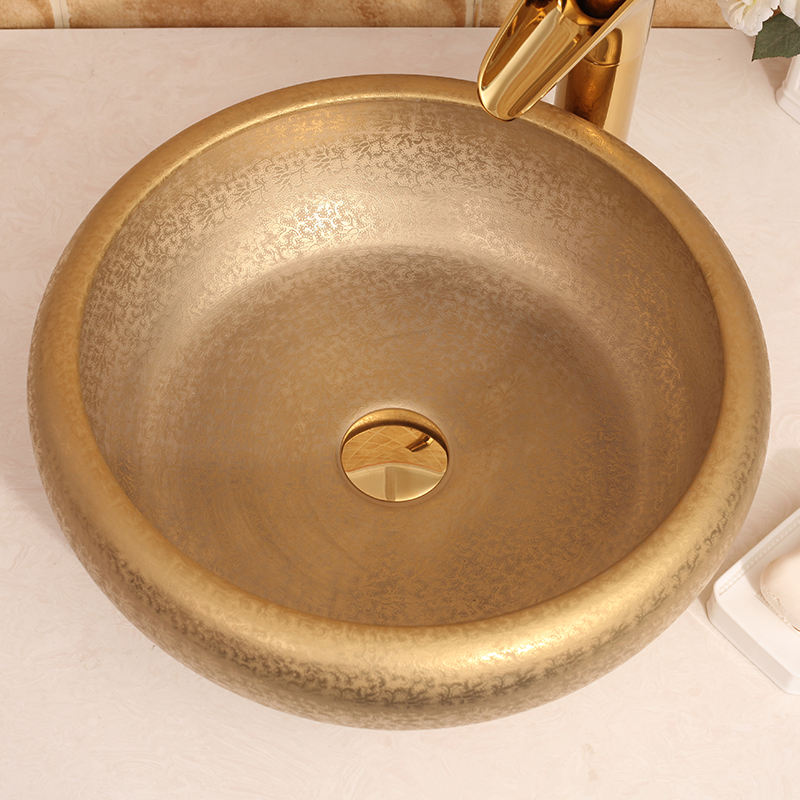 Golden Glazed Ceramic Bathroom Vessel Sink, Factory Direct Luxury Porcelain Round Basin, Countertop Lavabo Sanitary Ware