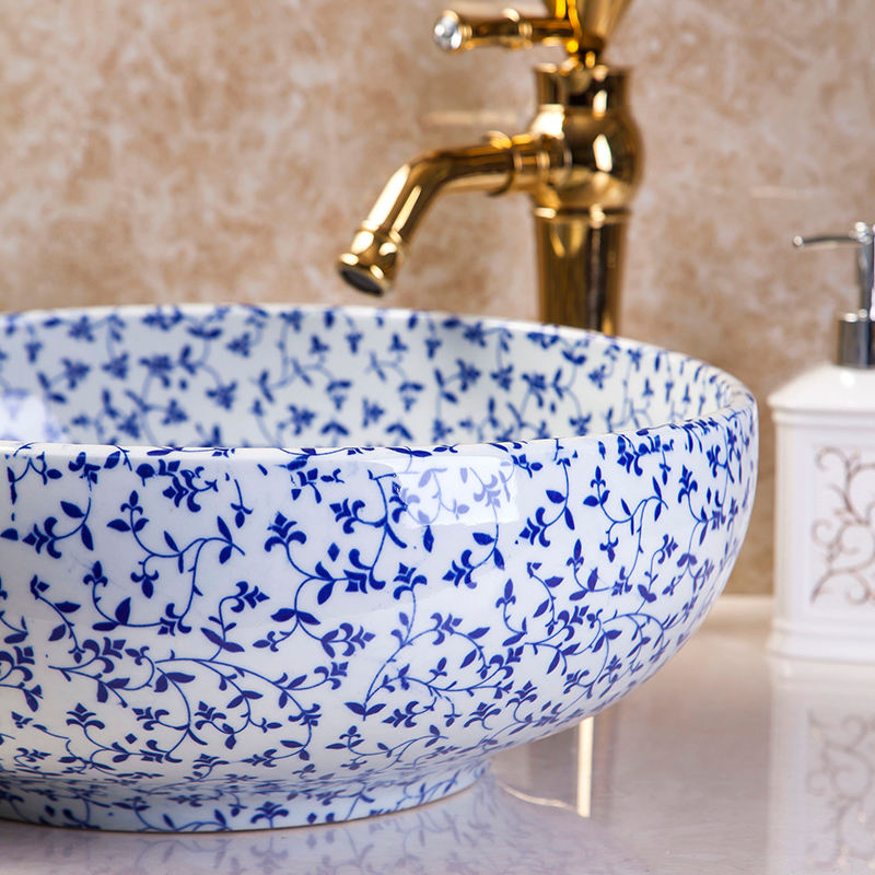 Blue and White Lotus Branch Ceramic Art Bathroom Sink, Porcelain Round Above Counter Lavabo Wash Basin, Artistic Vessel
