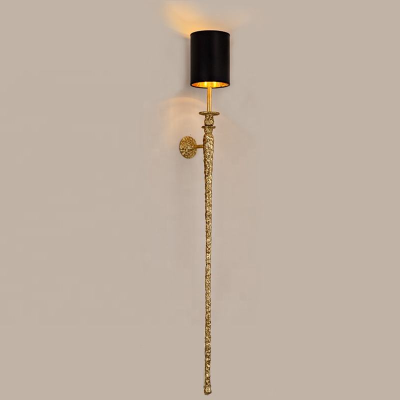 Modern Brass Torch Wall Sconce with Black Shade, Luxury Copper Metal Single Head Wall Lamp for Hotel and Home Hallway Lighting