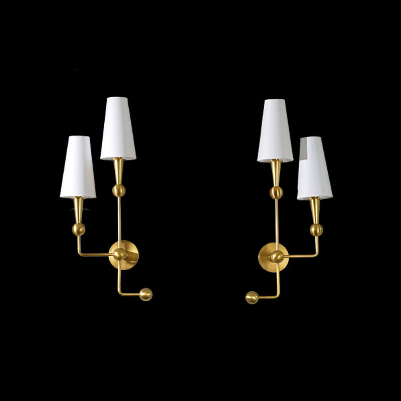 Modern Brass Dual LED Wall Lamp, Designer Fabric Shade Wall Sconce for Hotel, Villa, and Contemporary Home Interior Lighting