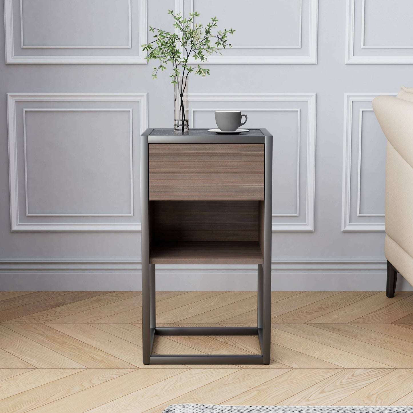 Modern Wood and Marble Nightstand for Bedroom, Living Room, Home or Hotel, Contemporary End Table with Drawer and Open Shelf