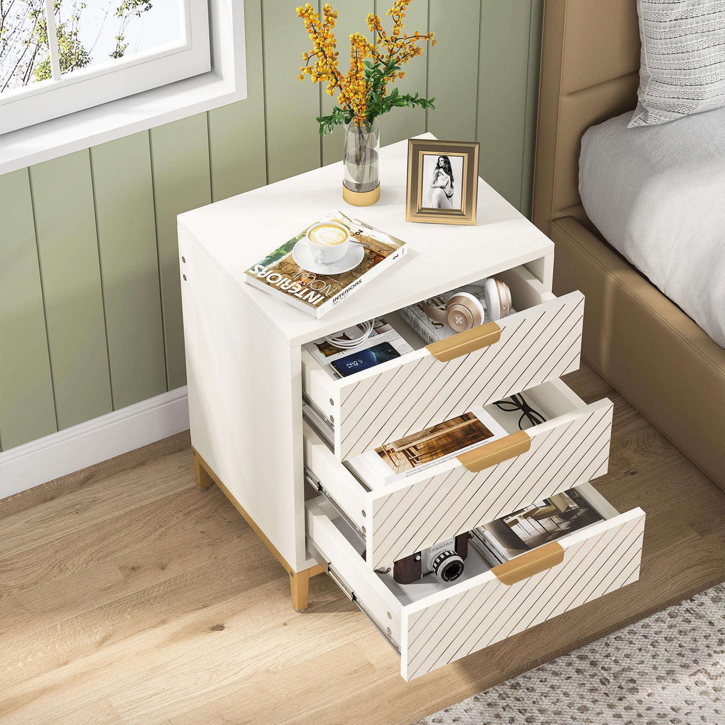 Elegant Modern White Wooden Bedside Table, 3-Drawer Nightstand for Bedroom – Minimalist Gold Accent Furniture