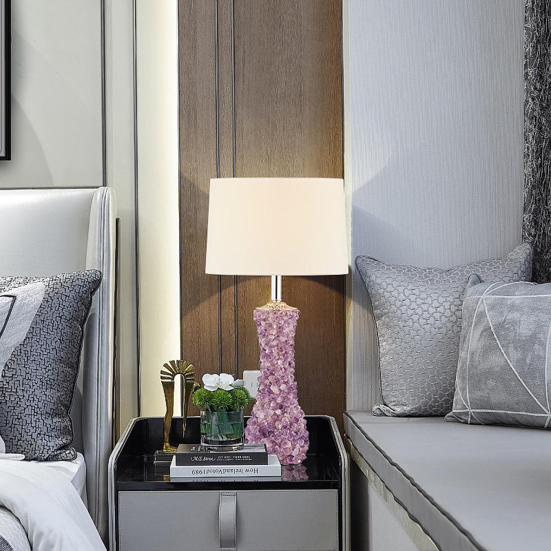 Modern Crystal Stone Table Lamp with Cloth Shade, LED Copper Bedside Light in Purple & White, Decorative Ceramic Byron Style