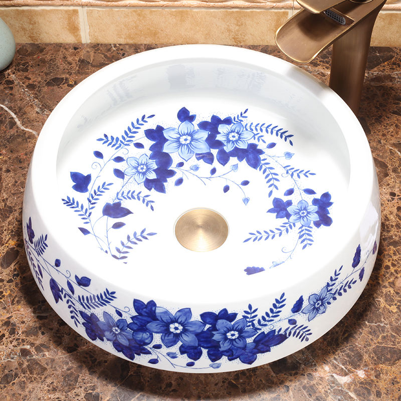 Handmade Blue Flower Branch Ceramic Bathroom Basin, Artistic White Porcelain Countertop Sink, Luxury Washbasin