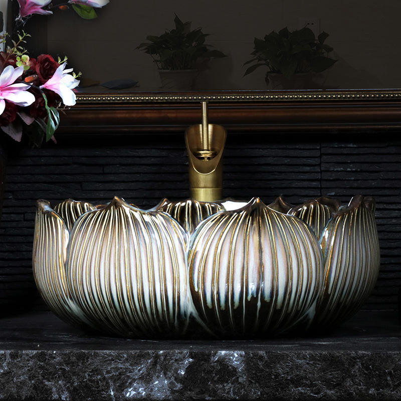 Lotus Shape Art Ceramic Porcelain Bathroom Basin, Kiln Glazed Handcrafted Flower Countertop Wash Sink