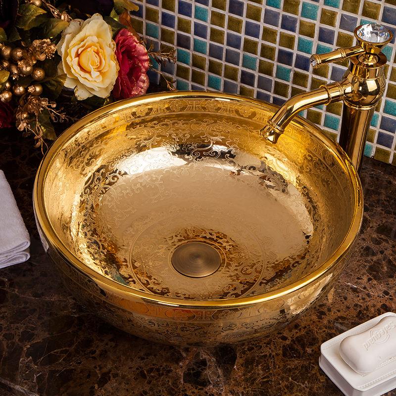 Modern Gold Ceramic Countertop Basin, Handmade Bathroom Sink, Luxury Porcelain Washbasin – Artistic Vessel