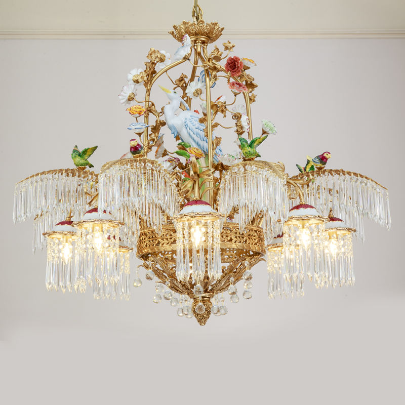 LED Wall Light, Luxury Brass Wall Sconce with Ceramic Birds and Crystal Accents, Modern High-End Decorative Fixture