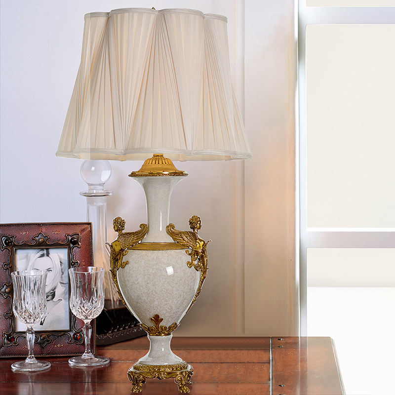 Antique Luxury Porcelain Table Lamp, Statuary Bronze Angel and White Flower Marquetry, Elegant Bedside Light for Bedroom & Living Room