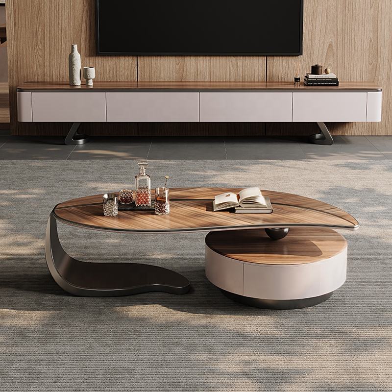 Minimalist Modern Leaf-Shaped Tea Table, Creative Walnut Color Designer Coffee Table for Small Apartment Living Room