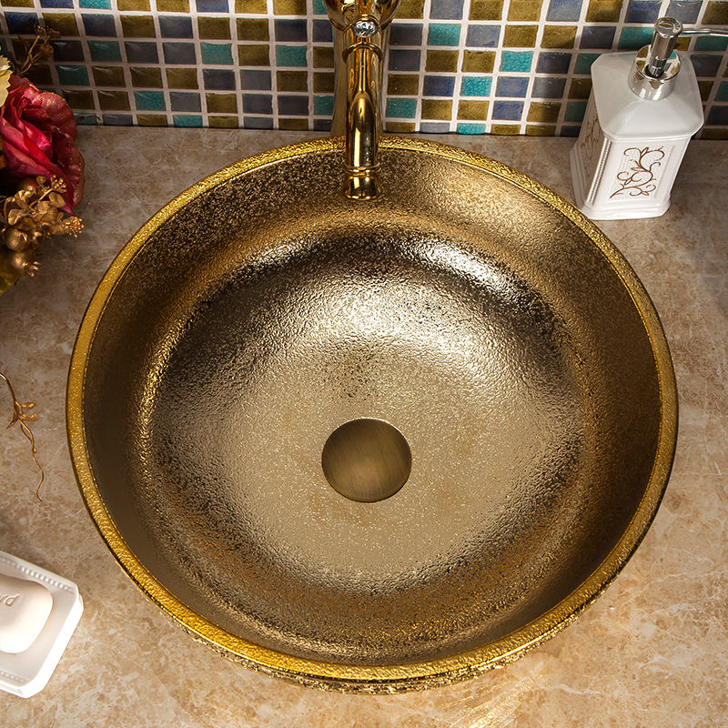 Gold Porcelain Art Wash Basin, Handcrafted Ceramic Lavabo Sink, Luxury Countertop Bathroom Vessel