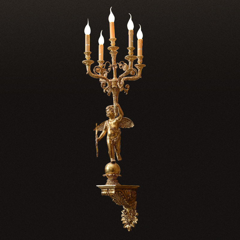 Louis Style Angel Wall Sconce, Luxury Gilt Bronze Antique Brass 6-Light LED Wall Lamp for Palace, Hotel, or Classic Hall