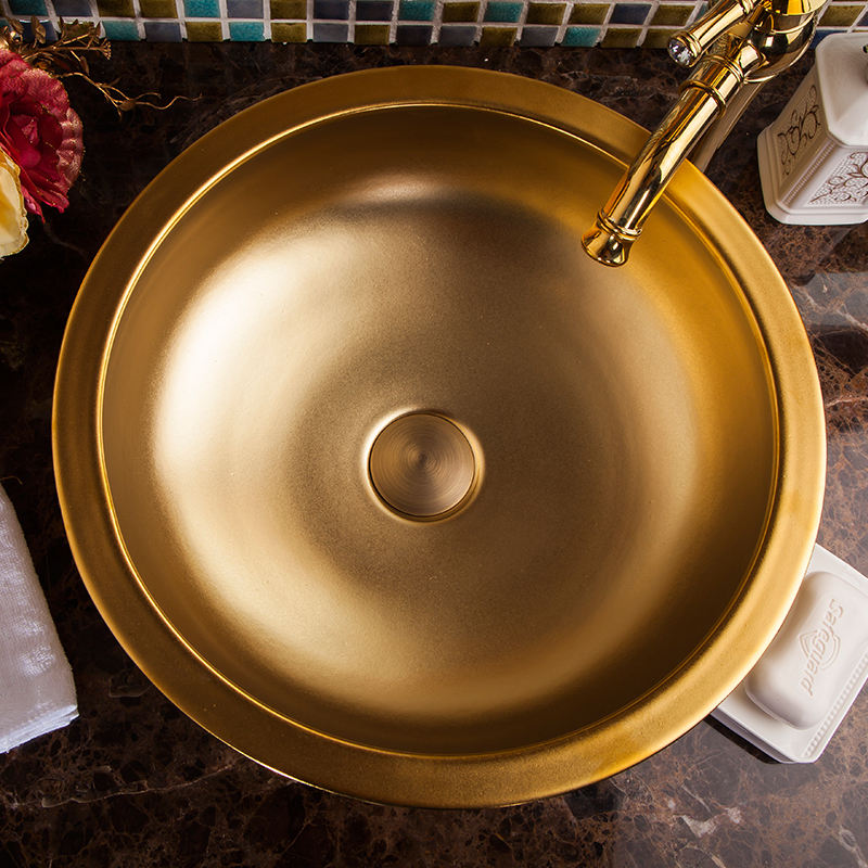 Golden Vintage Carved Art Ceramic Wash Basin, Luxury Embossed Countertop Round Bathroom Sink Bowl – Gold