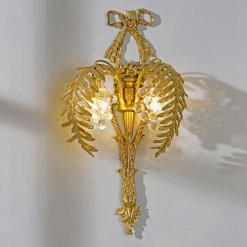 Luxury Palm Tree Brass Wall Lamp, Crystal Drop Gold Wall Sconce Light for Bedroom, Living Room, and Hall Accent Decor