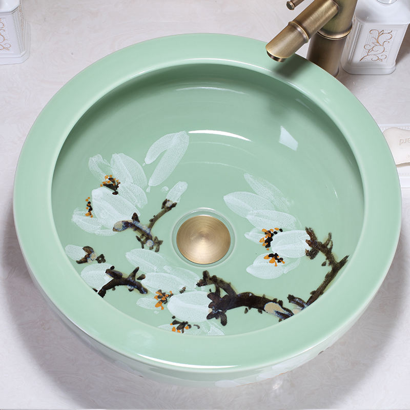 Hand Painted Glaze Pea Green Round Art Basin, Plum Blossom Ceramic Countertop Bathroom Sink