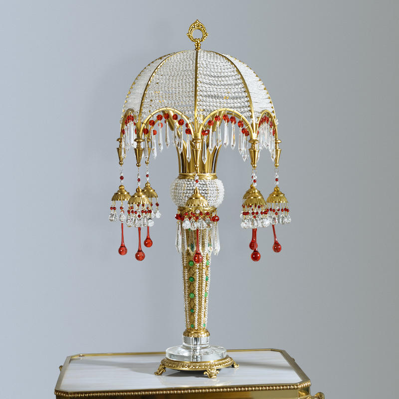 Classical Crystal Table Lamp, Vintage Brass and Red Beaded Designer Desk Light for Bedroom, Living Room, or Hotel