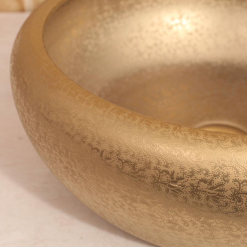 Golden Glazed Ceramic Bathroom Vessel Sink, Factory Direct Luxury Porcelain Round Basin, Countertop Lavabo Sanitary Ware