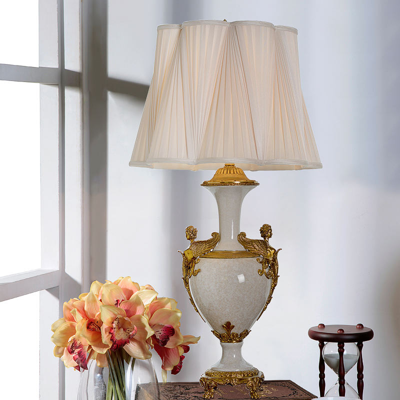 Antique Luxury Porcelain Table Lamp, Statuary Bronze Angel and White Flower Marquetry, Elegant Bedside Light for Bedroom & Living Room