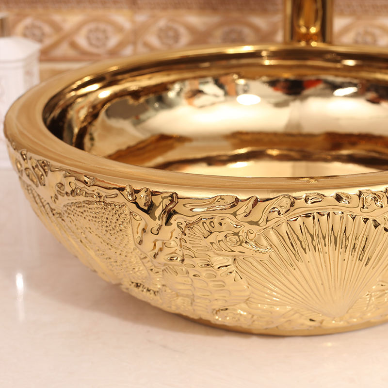 Handmade Gold Ceramic Bathroom Basin, Countertop Round Porcelain Wash Sink with Embossed Shell Pattern