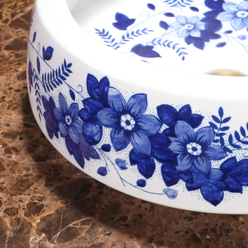 Handmade Blue Flower Branch Ceramic Bathroom Basin, Artistic White Porcelain Countertop Sink, Luxury Washbasin