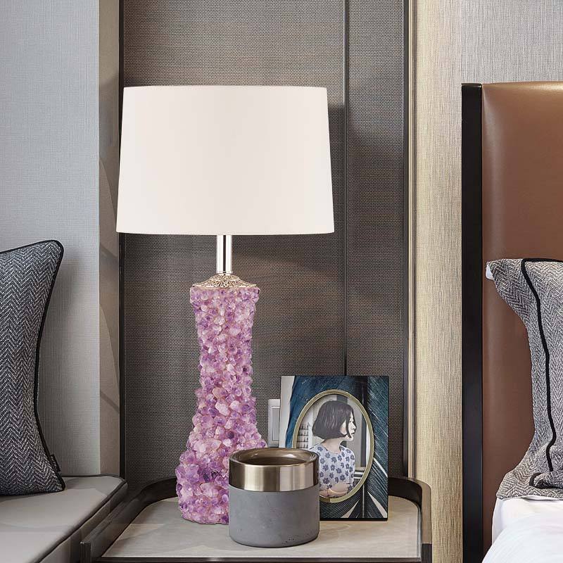 Modern Crystal Stone Table Lamp with Cloth Shade, LED Copper Bedside Light in Purple & White, Decorative Ceramic Byron Style