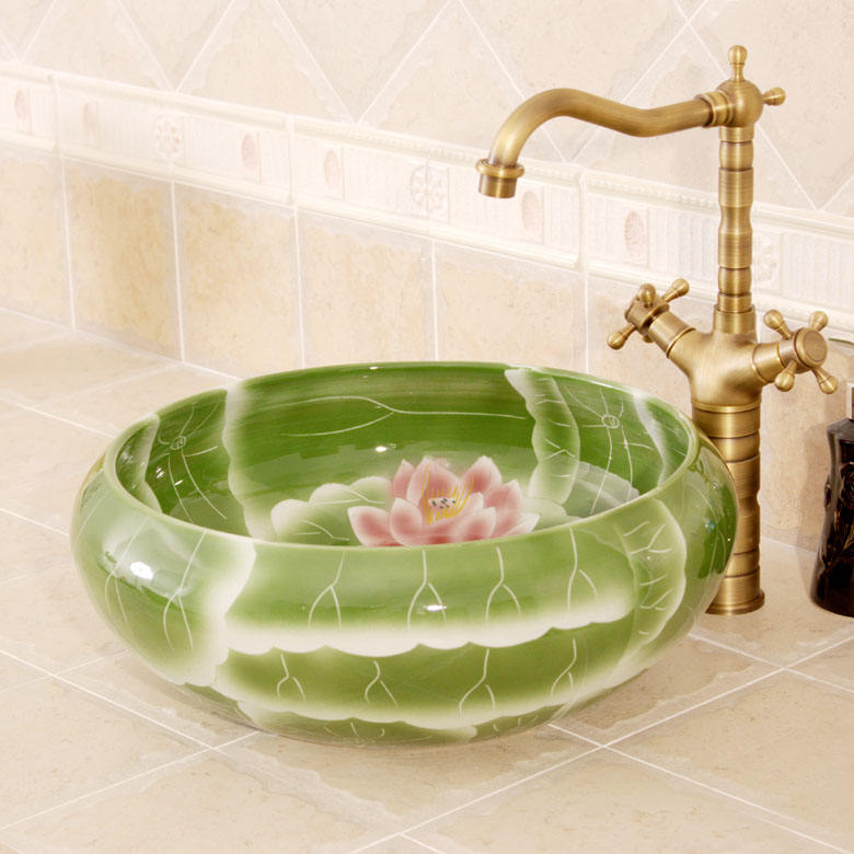 Hand-Painted Lotus Art Ceramic Wash Basin, Green Porcelain Bathroom Sink Countertop Bowl, Lotus Flower Design