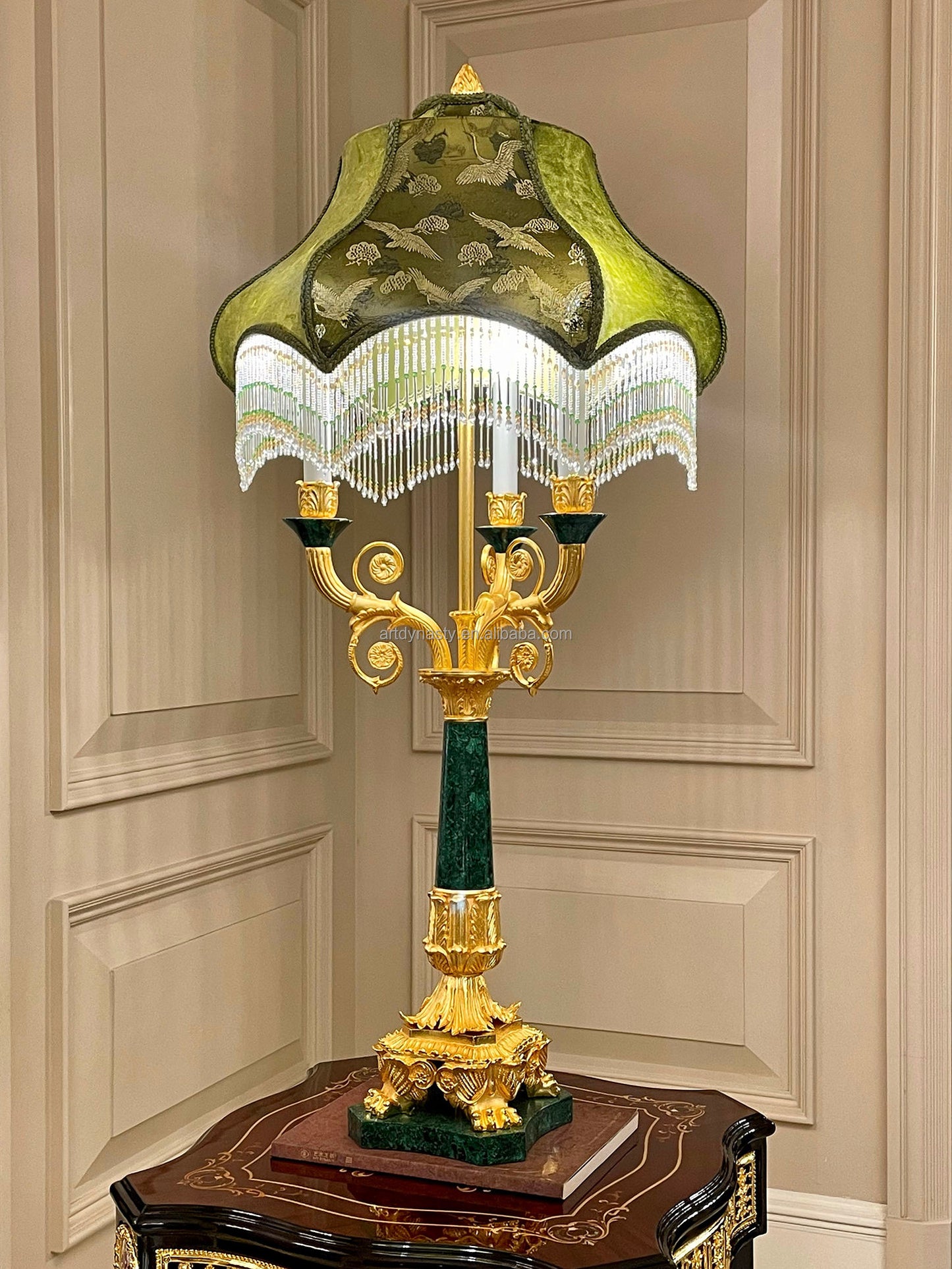 Classical Malachite Green Table Lamp, Gilded Brass Carved Bedroom Bedside Lamp, Elegant LED Bronze Hotel Style