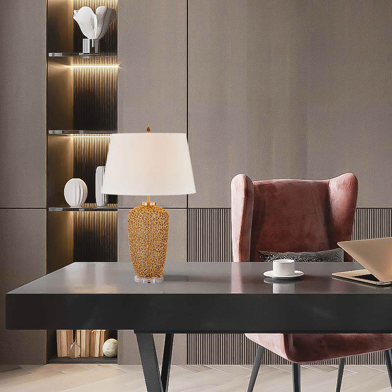 Modern Brass Table Lamp with Decorative Openwork Base, Luxury Home or Office Desk Light, Contemporary LED E27