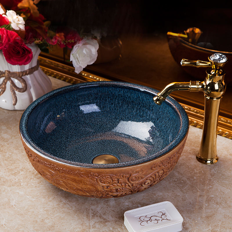 Handmade Engraved Tree Porcelain Bathroom Basin, Rustic Brown Ceramic Round Countertop Sink – Art Bowl