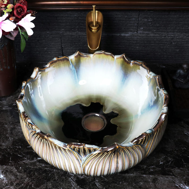 Lotus Shape Art Ceramic Porcelain Bathroom Basin, Kiln Glazed Handcrafted Flower Countertop Wash Sink