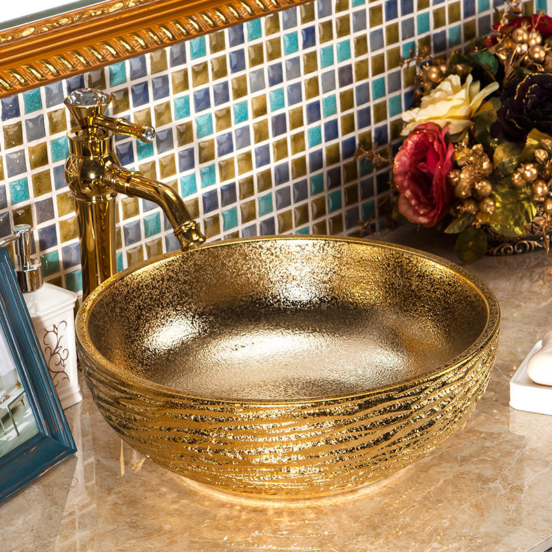 Gold Porcelain Art Wash Basin, Handcrafted Ceramic Lavabo Sink, Luxury Countertop Bathroom Vessel