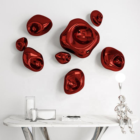 3D Abstract Red Stainless Steel Wall Art – Modern Metal Ball Combination, Creative Sculptural Wall Decor for Living Room, Bedroom, Office