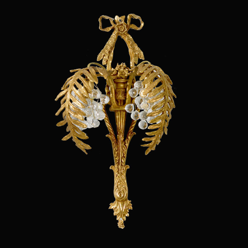 Luxury Palm Tree Brass Wall Lamp, Crystal Drop Gold Wall Sconce Light for Bedroom, Living Room, and Hall Accent Decor