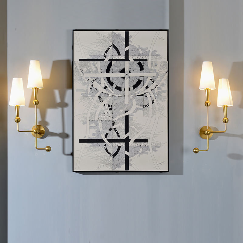Modern Brass Dual LED Wall Lamp, Designer Fabric Shade Wall Sconce for Hotel, Villa, and Contemporary Home Interior Lighting